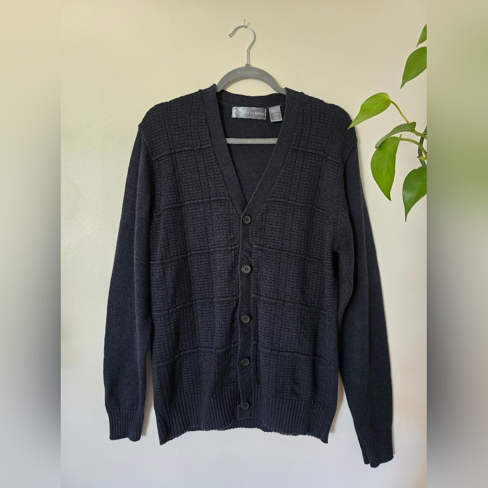 Oscar De La Renta Navy Blue Mens Cardigan Sweater Size Large Fitted Button Front